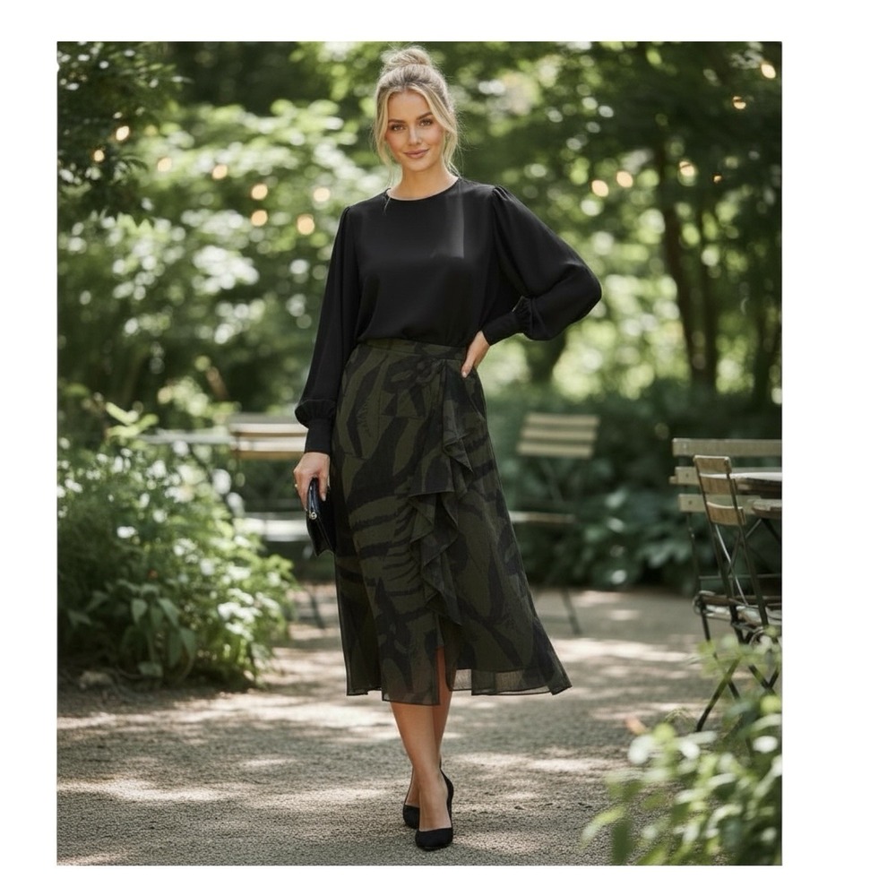 Lauren‎ Ralph Lauren 10 Petite Skirt Ruffled Green Camo Modern Chic Cottagecore